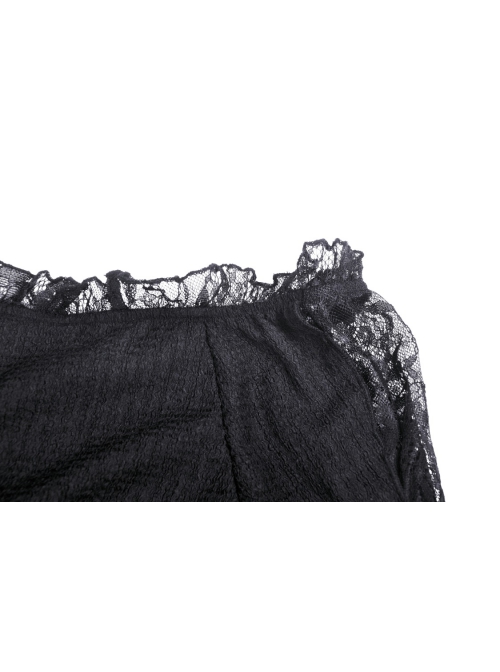 Gothic Frilly Off-The-Shoulder Design With Lace Trim Tasseled Cuff Button Decoration Blouse