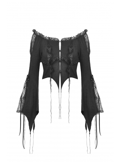Gothic Frilly Off-The-Shoulder Design With Lace Trim Tasseled Cuff Button Decoration Blouse