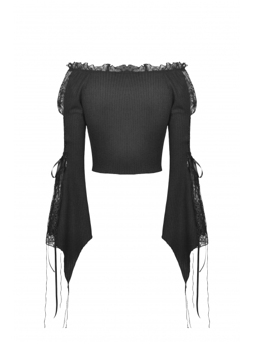 Gothic Frilly Off-The-Shoulder Design With Lace Trim Tasseled Cuff Button Decoration Blouse