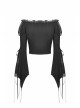Gothic Frilly Off-The-Shoulder Design With Lace Trim Tasseled Cuff Button Decoration Blouse