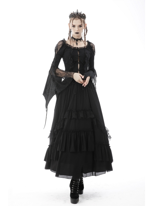 Gothic Frilly Off-The-Shoulder Design With Lace Trim Tasseled Cuff Button Decoration Blouse