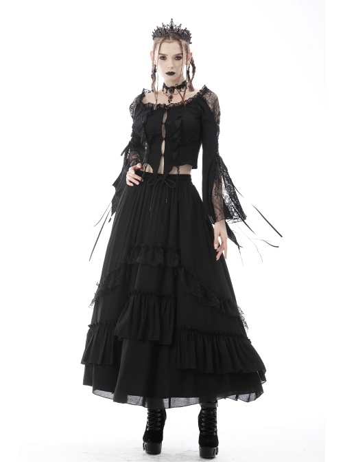 Gothic Frilly Off-The-Shoulder Design With Lace Trim Tasseled Cuff Button Decoration Blouse