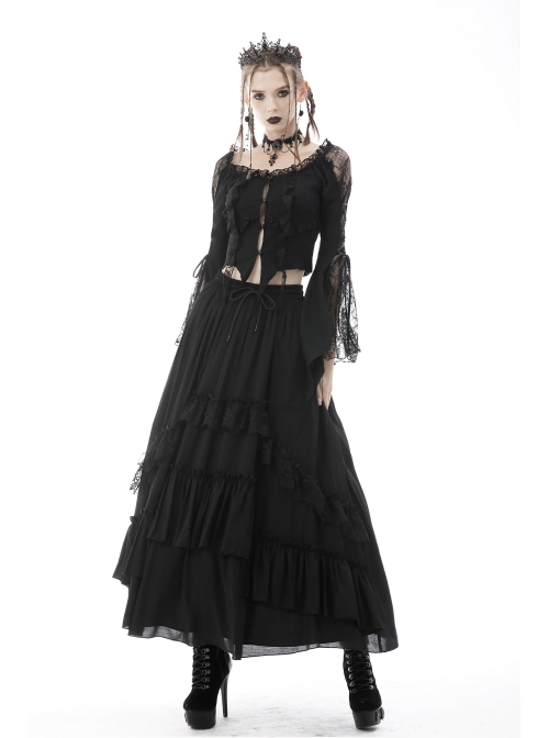 Gothic Frilly Off-The-Shoulder Design With Lace Trim Tasseled Cuff Button Decoration Blouse