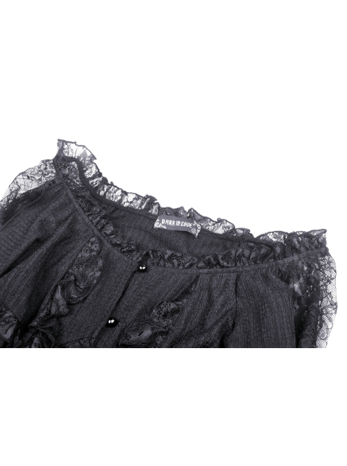 Gothic Frilly Off-The-Shoulder Design With Lace Trim Tasseled Cuff Button Decoration Blouse