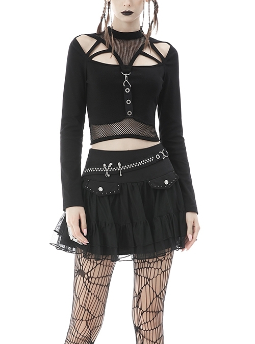 Punk Sexy Hollow Out Net Knit Metal Ring Buckle Decoration T-Shirt
