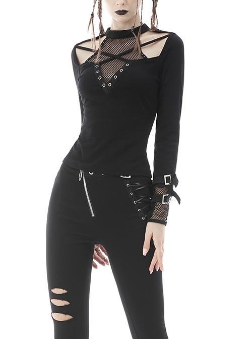 Punk Rebel Cross Straps V-Neck Metal Grommets Long Sleeves T-Shirt