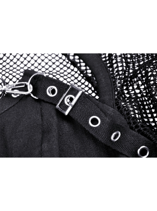 Punk Metal Studded Criss-Cross Strap Decoration Zipper Design Mesh Sleeves Top