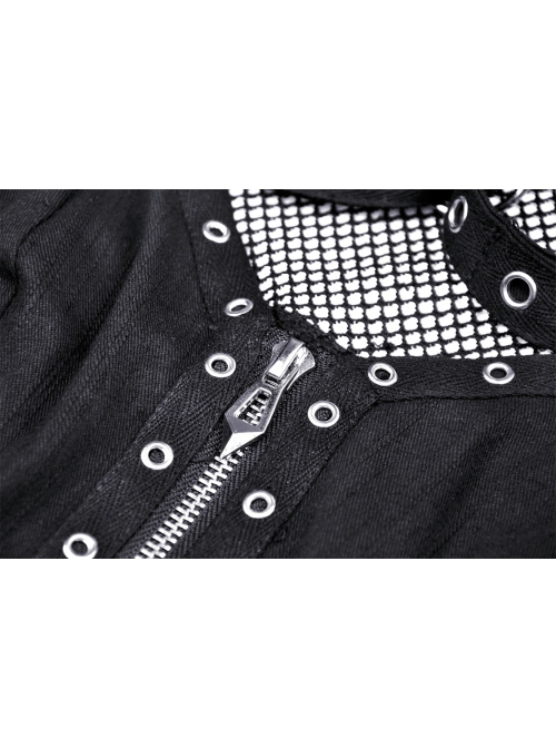Punk Metal Studded Criss-Cross Strap Decoration Zipper Design Mesh Sleeves Top