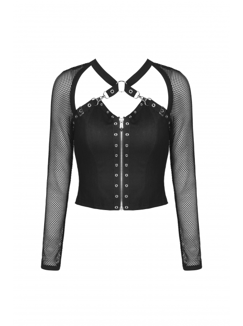 Punk Metal Studded Criss-Cross Strap Decoration Zipper Design Mesh Sleeves Top