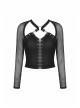 Punk Metal Studded Criss-Cross Strap Decoration Zipper Design Mesh Sleeves Top