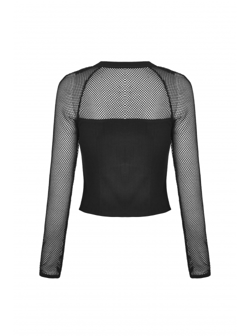 Punk Metal Studded Criss-Cross Strap Decoration Zipper Design Mesh Sleeves Top
