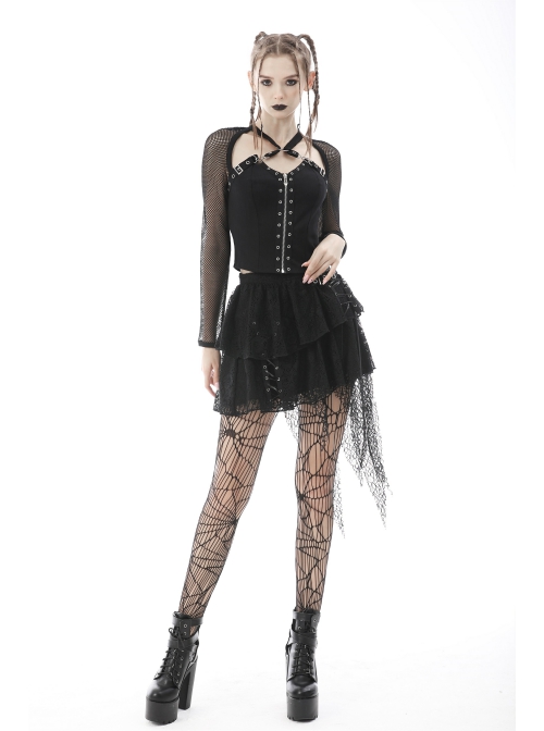 Punk Metal Studded Criss-Cross Strap Decoration Zipper Design Mesh Sleeves Top