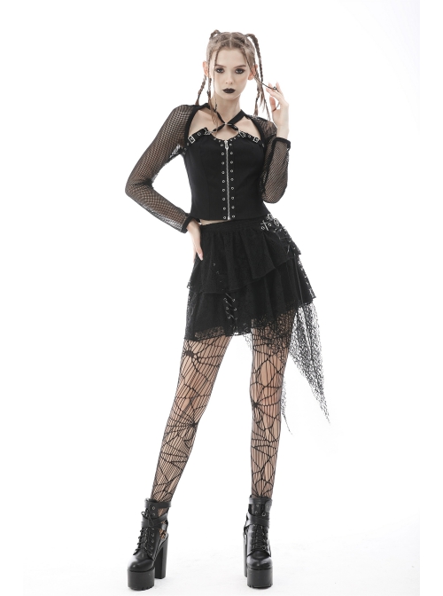 Punk Metal Studded Criss-Cross Strap Decoration Zipper Design Mesh Sleeves Top