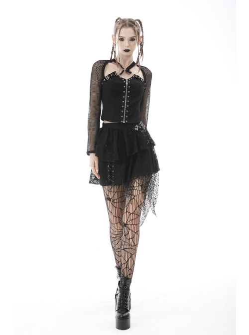 Punk Metal Studded Criss-Cross Strap Decoration Zipper Design Mesh Sleeves Top
