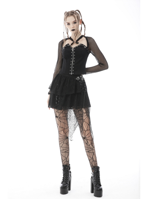 Punk Metal Studded Criss-Cross Strap Decoration Zipper Design Mesh Sleeves Top