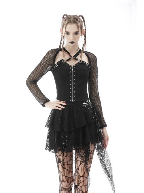 Punk Metal Studded Criss-Cross Strap Decoration Zipper Design Mesh Sleeves Top