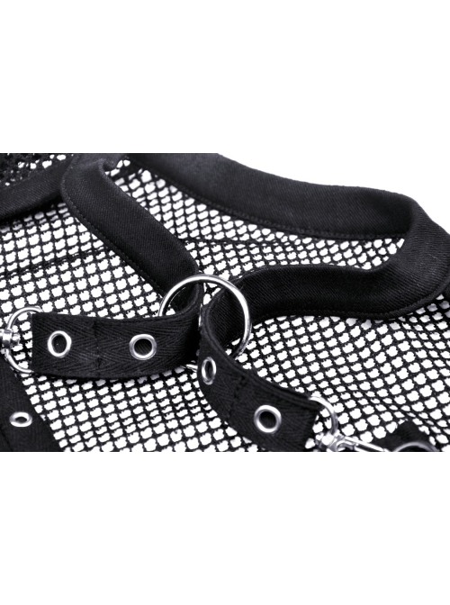Punk Metal Studded Criss-Cross Strap Decoration Zipper Design Mesh Sleeves Top