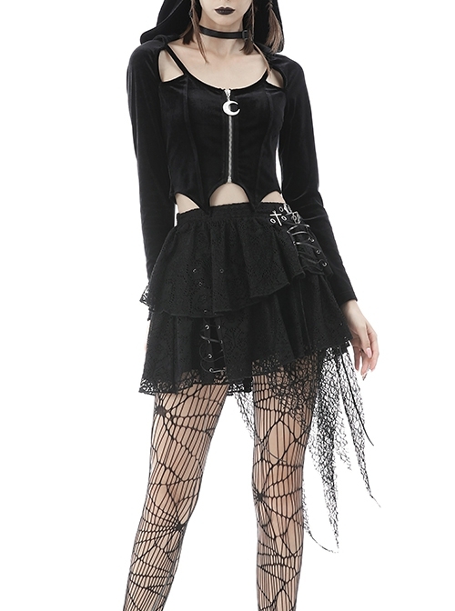 Black Punk Pointed Ears At The Hem Zipper Hoodie Long Sleeve Top