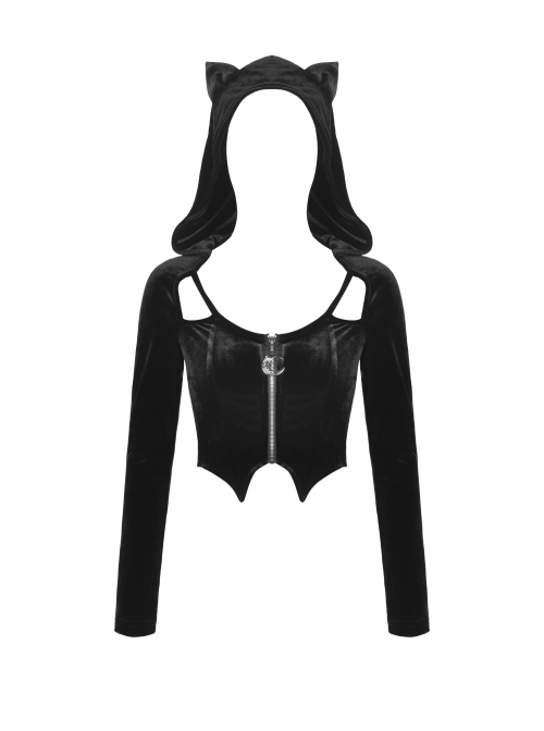 Black Punk Pointed Ears At The Hem Zipper Hoodie Long Sleeve Top