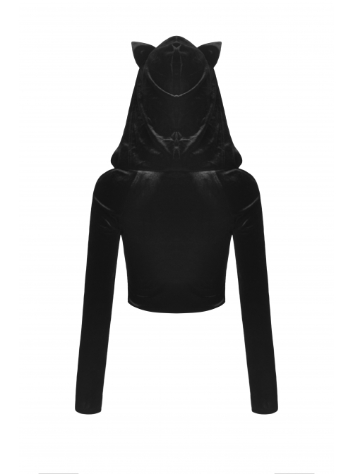 Black Punk Pointed Ears At The Hem Zipper Hoodie Long Sleeve Top