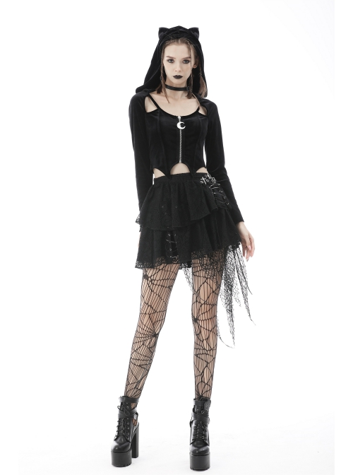 Black Punk Pointed Ears At The Hem Zipper Hoodie Long Sleeve Top