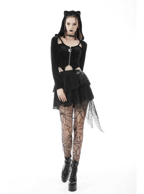Black Punk Pointed Ears At The Hem Zipper Hoodie Long Sleeve Top