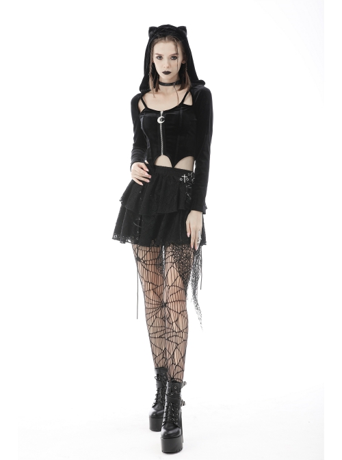 Black Punk Pointed Ears At The Hem Zipper Hoodie Long Sleeve Top