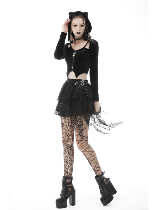 Black Punk Pointed Ears At The Hem Zipper Hoodie Long Sleeve Top