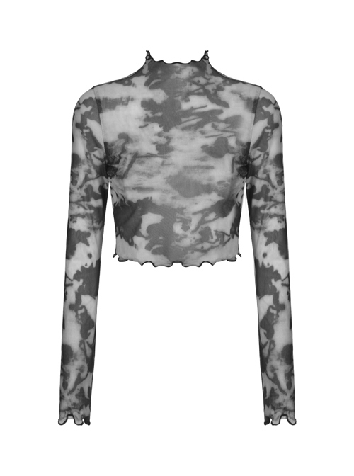 Punk Grey Tie-Dye High Neck Pleats Daily Long Sleeves Short Top