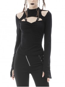 Punk Hollow Out Sexy Buckle Shoulder Strap Decoration Street Long Sleeves Top