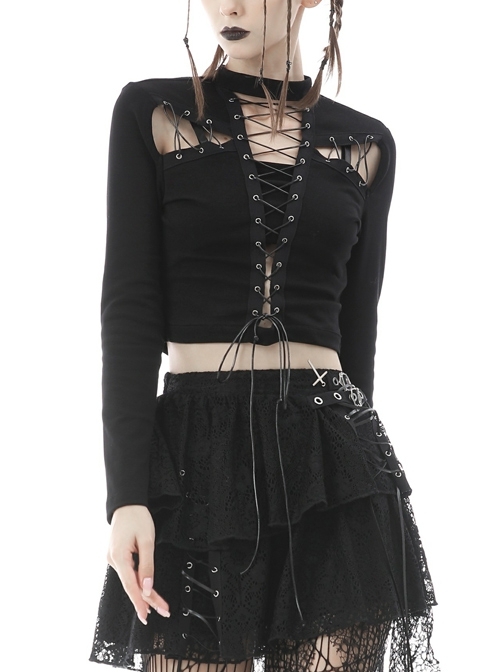 Black Punk Sexy Grommet Rope Cross Shoulder Cutout Design Crop Top