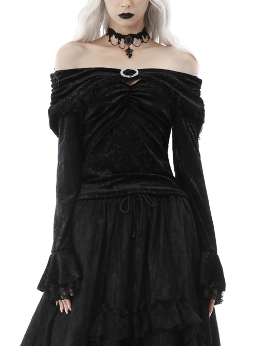 Gothic Lace Embroidered Print Pattern Decoration Embossing Off The Shoulder Blouse