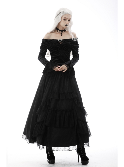 Gothic Lace Embroidered Print Pattern Decoration Embossing Off The Shoulder Blouse