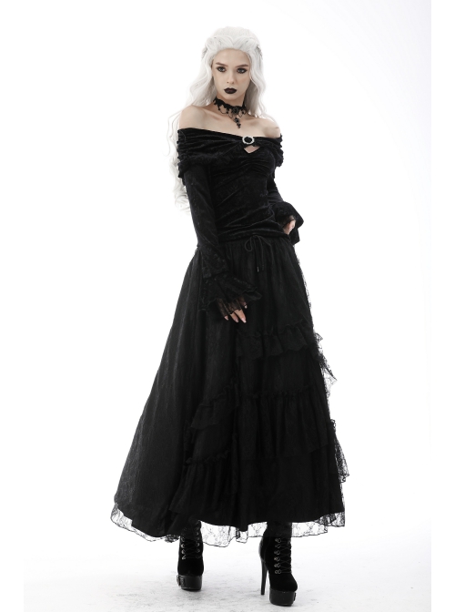 Gothic Lace Embroidered Print Pattern Decoration Embossing Off The Shoulder Blouse