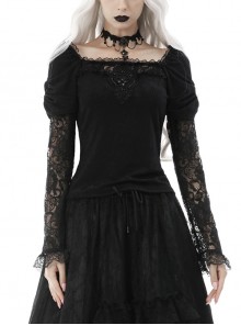 Gothic Lace Embroidered Embossed Print Puff Sleeves Lace Pleated Design Top