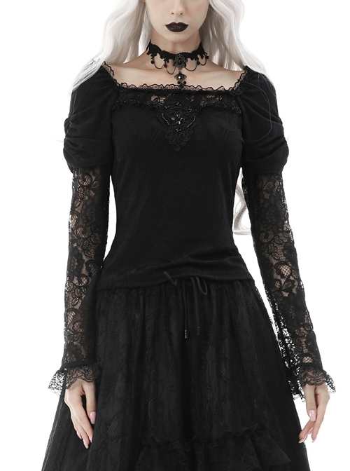 Gothic Lace Embroidered Embossed Print Puff Sleeves Lace Pleated Design Top