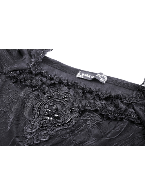 Gothic Lace Embroidered Embossed Print Puff Sleeves Lace Pleated Design Top