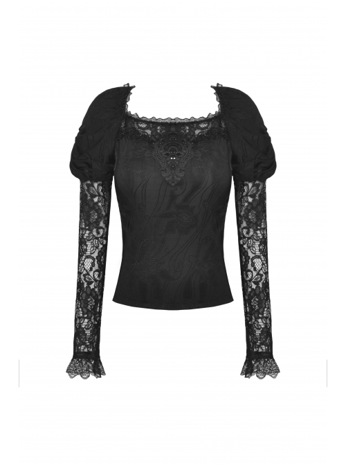 Gothic Lace Embroidered Embossed Print Puff Sleeves Lace Pleated Design Top