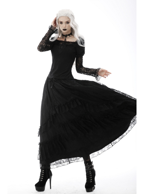 Gothic Lace Embroidered Embossed Print Puff Sleeves Lace Pleated Design Top