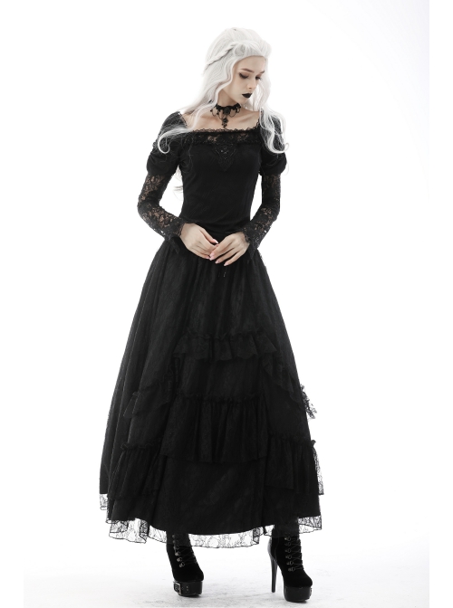 Gothic Lace Embroidered Embossed Print Puff Sleeves Lace Pleated Design Top