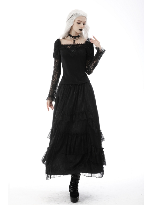 Gothic Lace Embroidered Embossed Print Puff Sleeves Lace Pleated Design Top