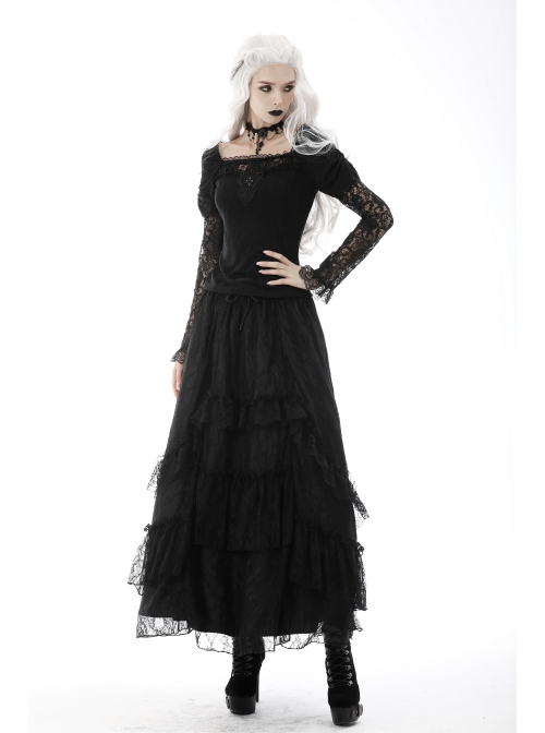 Gothic Lace Embroidered Embossed Print Puff Sleeves Lace Pleated Design Top