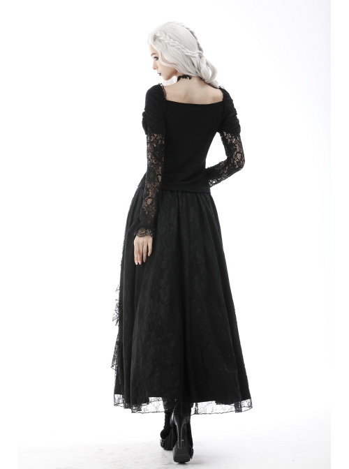 Gothic Lace Embroidered Embossed Print Puff Sleeves Lace Pleated Design Top