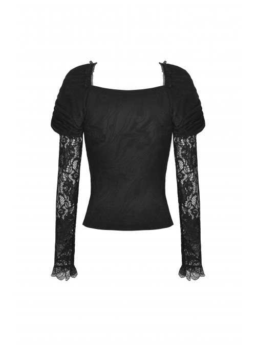 Gothic Lace Embroidered Embossed Print Puff Sleeves Lace Pleated Design Top