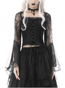 Gothic Embroidered Lace Trim Mesh Large Neckline And Cuffs Cross-Tie Rope Design Top