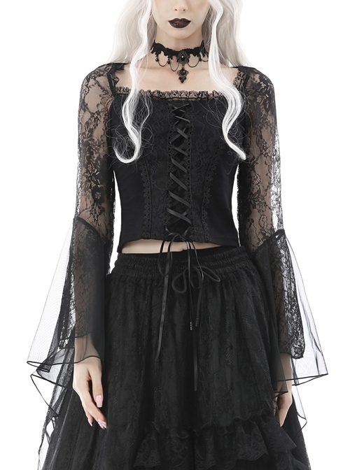 Gothic Embroidered Lace Trim Mesh Large Neckline And Cuffs Cross-Tie Rope Design Top
