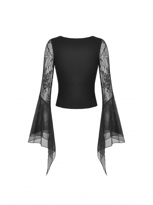 Gothic Embroidered Lace Trim Mesh Large Neckline And Cuffs Cross-Tie Rope Design Top