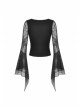 Gothic Embroidered Lace Trim Mesh Large Neckline And Cuffs Cross-Tie Rope Design Top