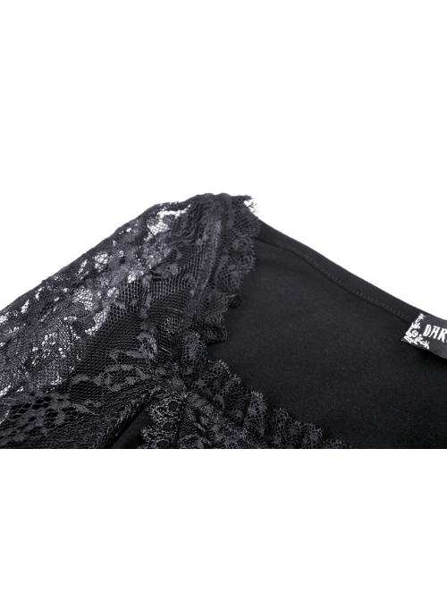 Gothic Embroidered Lace Trim Mesh Large Neckline And Cuffs Cross-Tie Rope Design Top