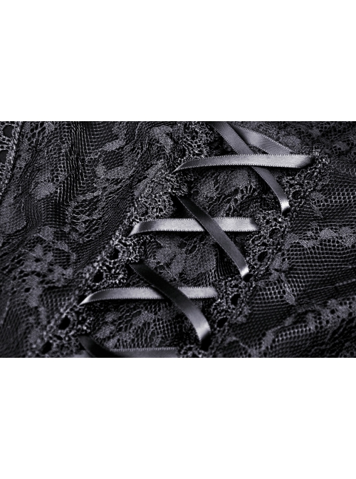 Gothic Embroidered Lace Trim Mesh Large Neckline And Cuffs Cross-Tie Rope Design Top